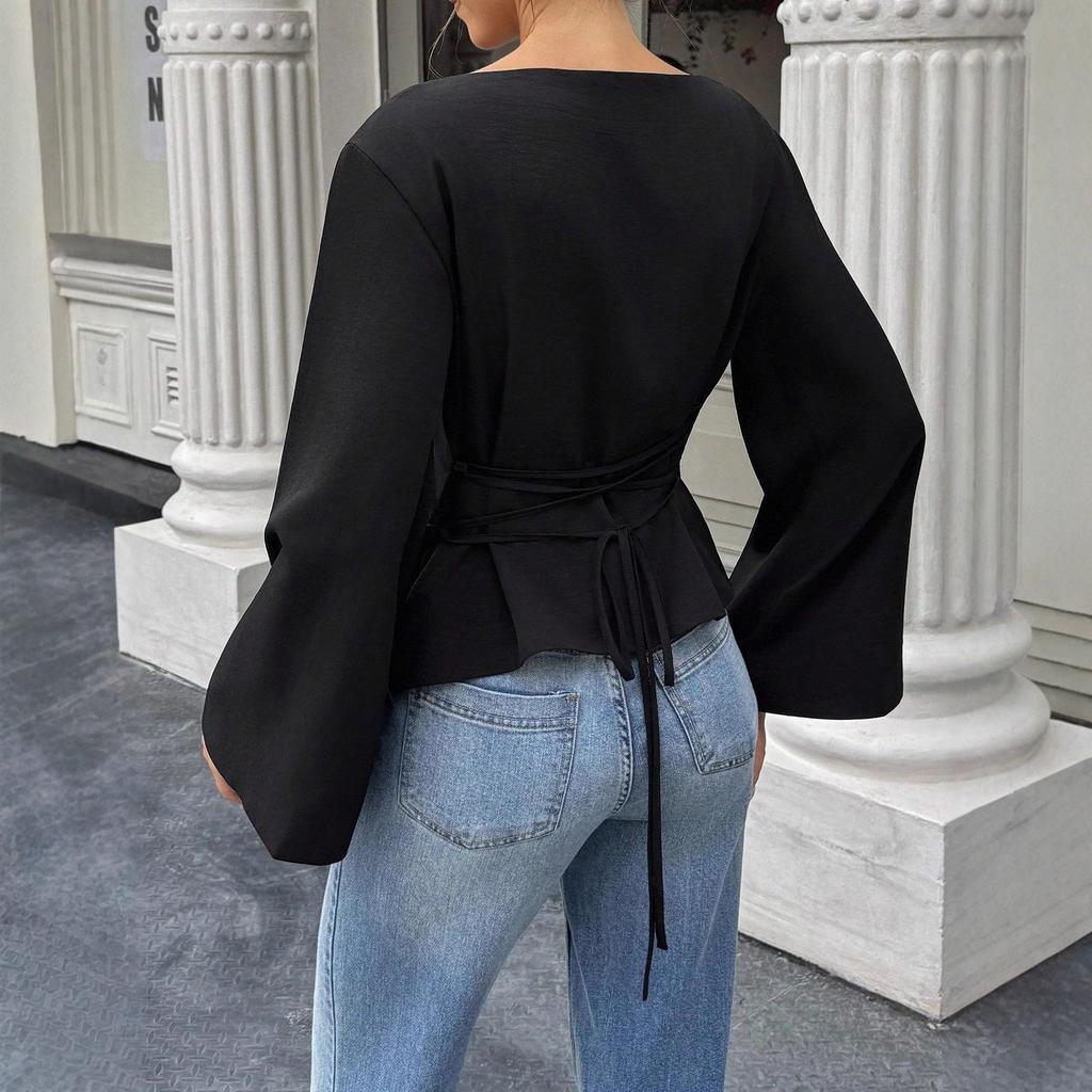 New Color-block Trendy Casual Versatile Fitted Boat-neck Personalized Street-style Wide-sleeved Top T-shirt