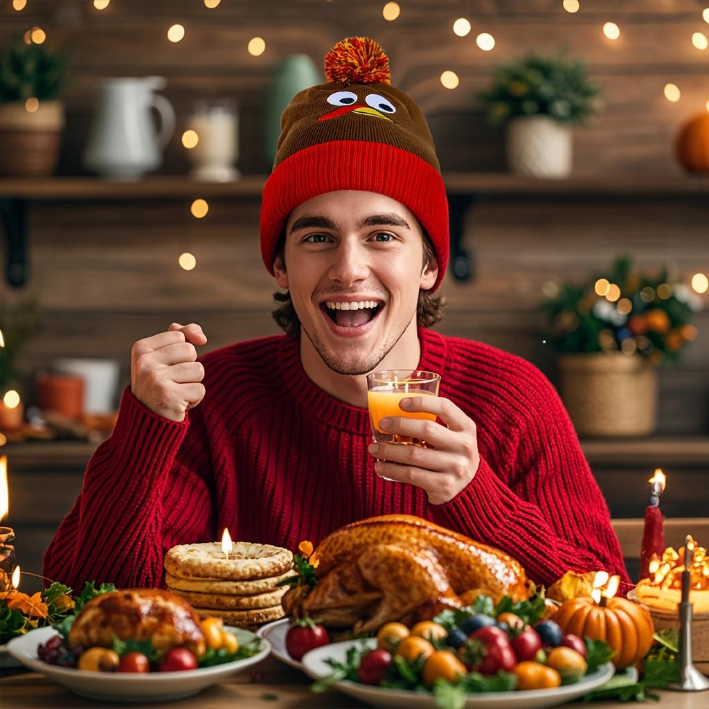 1Pc Thanksgiving Cute Cartoon Turkey Knit Hat - Unisex Acrylic Elastic Warm Winter Hat With Ear Protection, Hand/Dry Washable, Knitted Hat