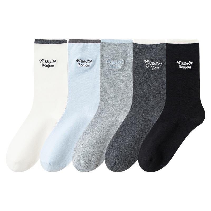 Spring and Autumn Socks, Women's Embroidered Letter Trendy Color-blocking Socks, Versatile Mid-calf Cotton Socks, Versatile Pile Socks