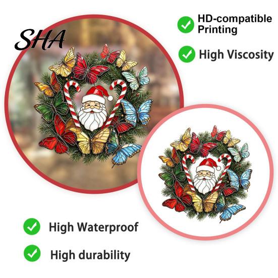 Seasonal Home Decoration Christmas Wreath Window Sticker, Stained Glass Style, Removable Santa Butterfly Candy Family Holiday Gift Ideas Cane
