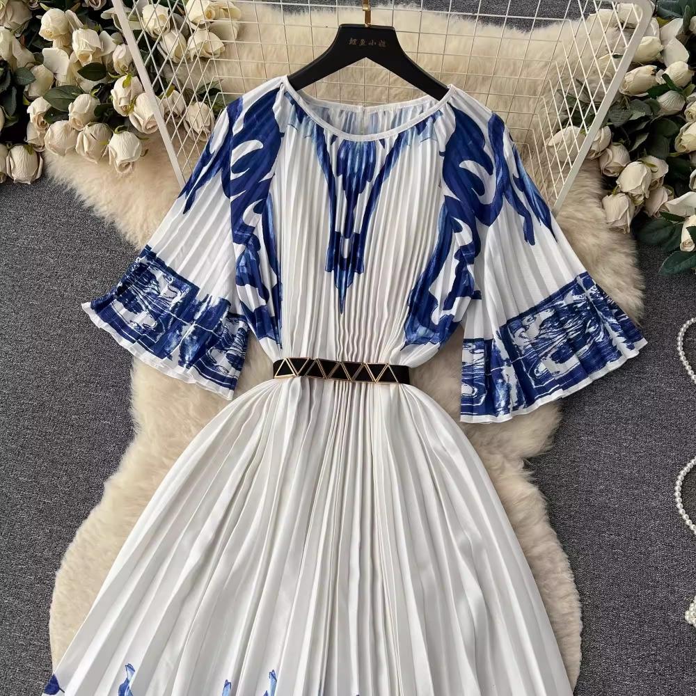 Summer Beach Leopard Print Miyake Oversized Dress Women Clothing Flare Sleeve Belt Big Swing Pleated Loose Long Robe