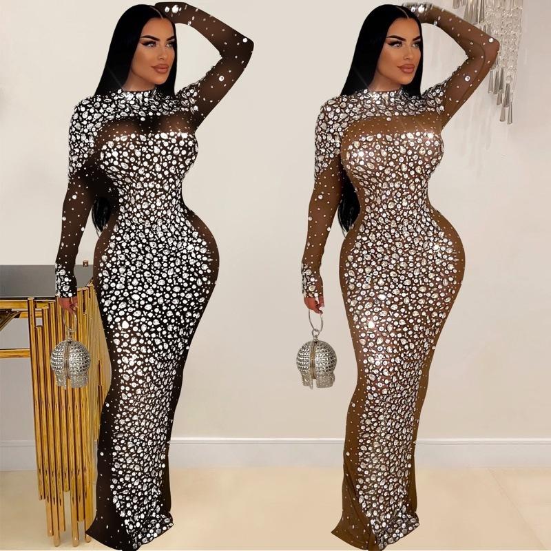 European and American new semi-turtleneck long-sleeved perspective hot diamond sexy slim-fitting hip-wrapped dress women's clothing