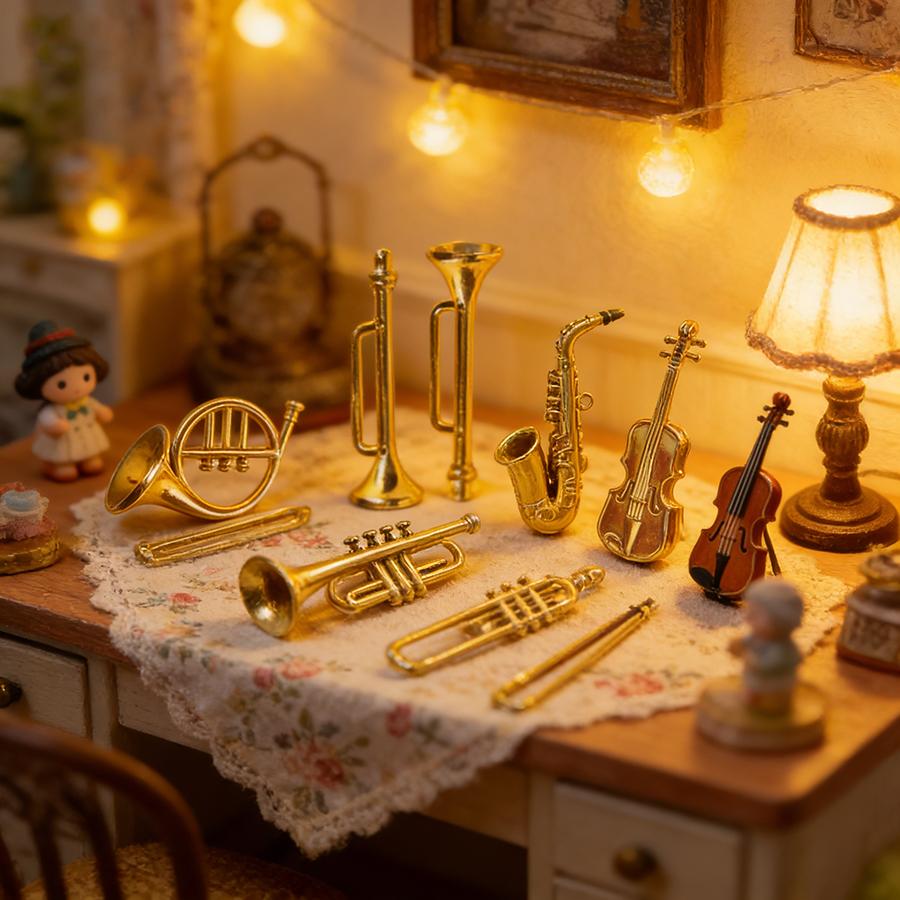 9/18pcs Mini Golden Musical Instrument Ornaments 2-7cm Miniature Guitar Violin Horn Saxophone Dollhouse Decor Desktop Display