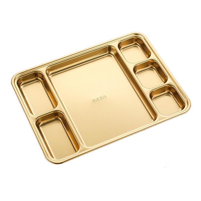 Gold Compartment Dining Plate For Food Serving Trays Stainless Steel Divided Dishes Kitchen Tableware Organization Container