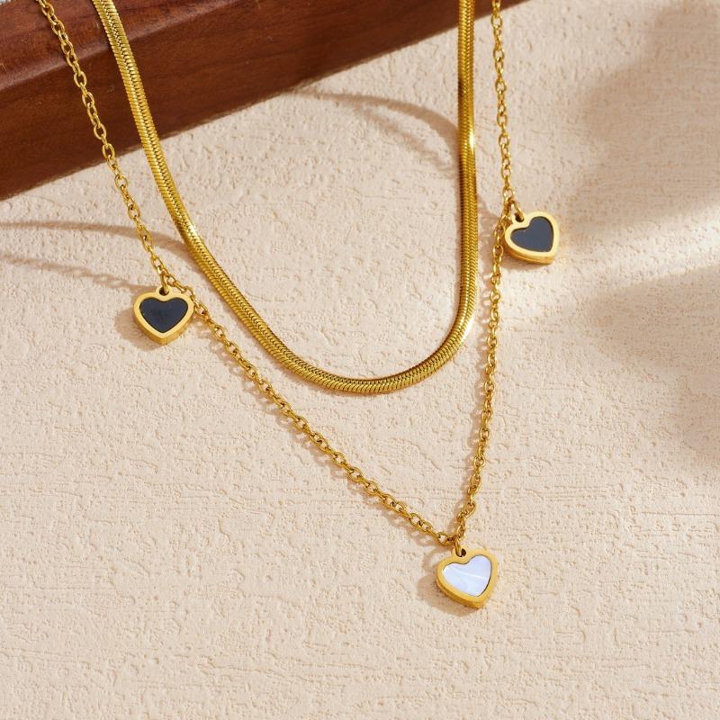 Gold Plated Double Layer Necklace with Black and White Heart Charms Fashion Jewelry for Women