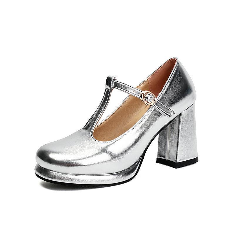 

Весенне-осенние женские туфли Мэри Джейн на платформе и высоком каблуке, с квадратным носком и Т-образной застежкой, золотистого и серебристого цвета 39 серебряный
