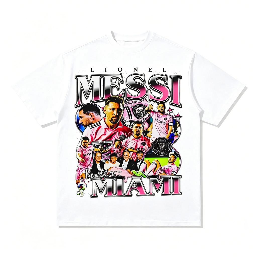 Retro Czarny Lionel Messi Inter Miami Gwiazda Piłki Nożnej Kolaż Graficzny Luźna Bawełniana Koszulka z Krótkim Rękawem
