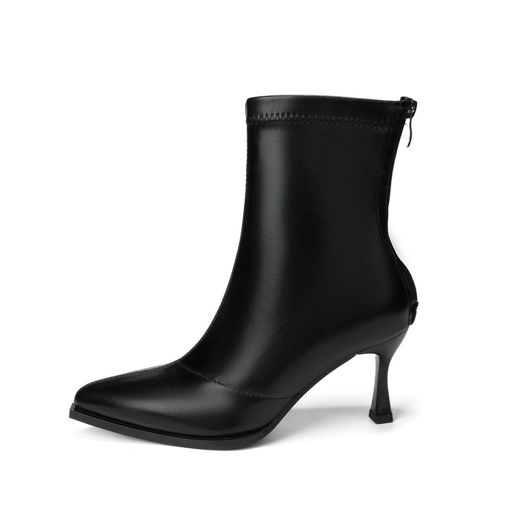 Cowhide version pointed high-heeled women's short boots fashion autumn and winter elastic women's boots European and American versatile niche desig