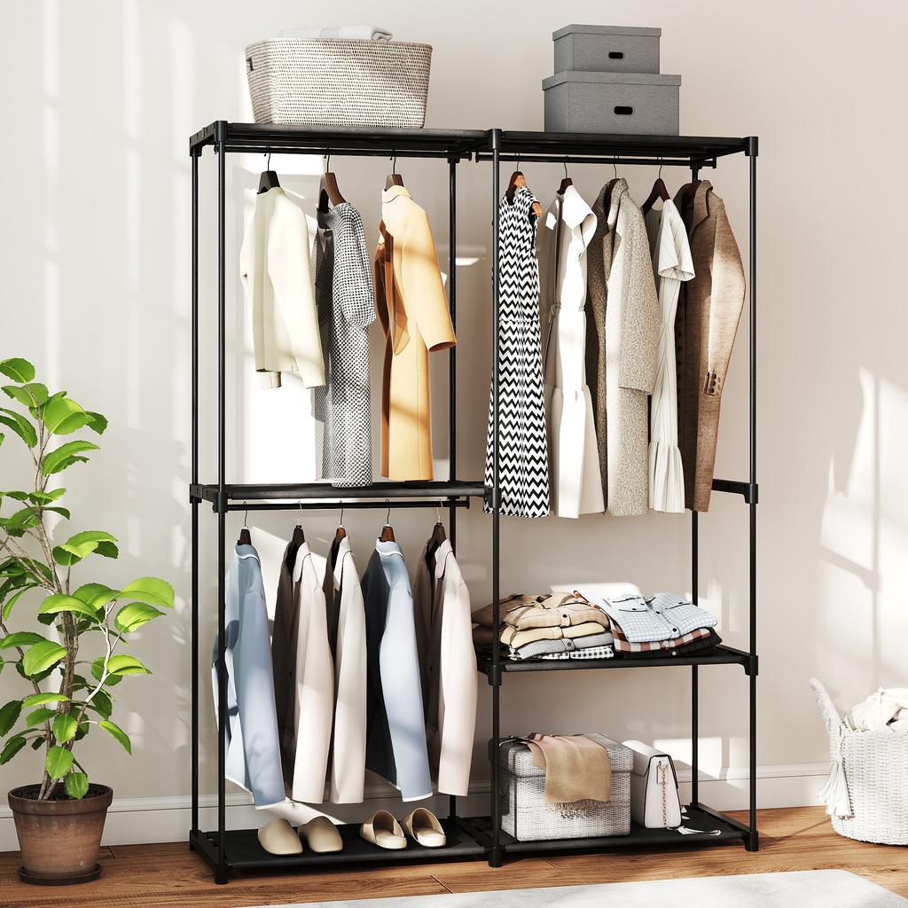Portable Clothes Rack, Metal Frame, Fabric Shelves, Plenty of Space, Black