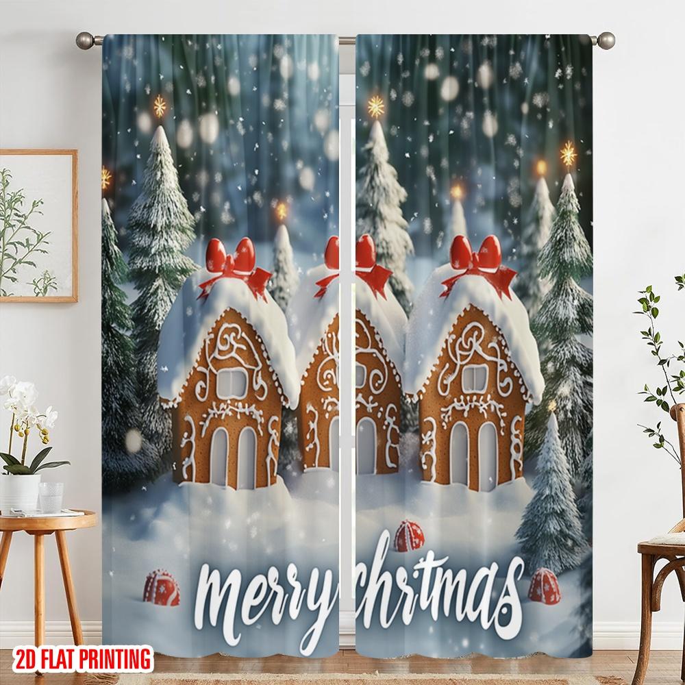 2pcs,2D plane printing Pattern Curtains Gingerbread Houses Christmas Snow (2) Versatile Polyester Fabric (without rod) Versatile
