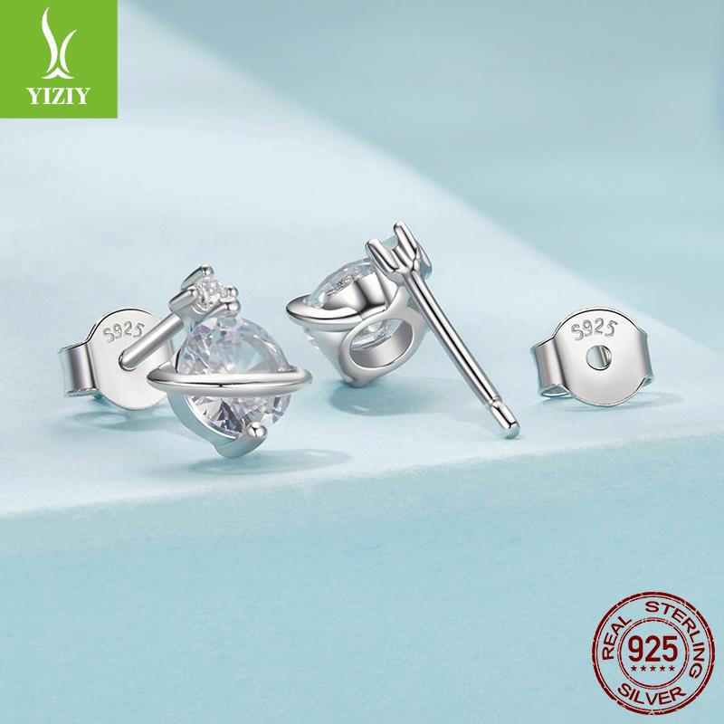 Simple Shining Zircon Planet Stud Earrings, Fashionable Light Luxury S925 Sterling Silver Stud Earrings.