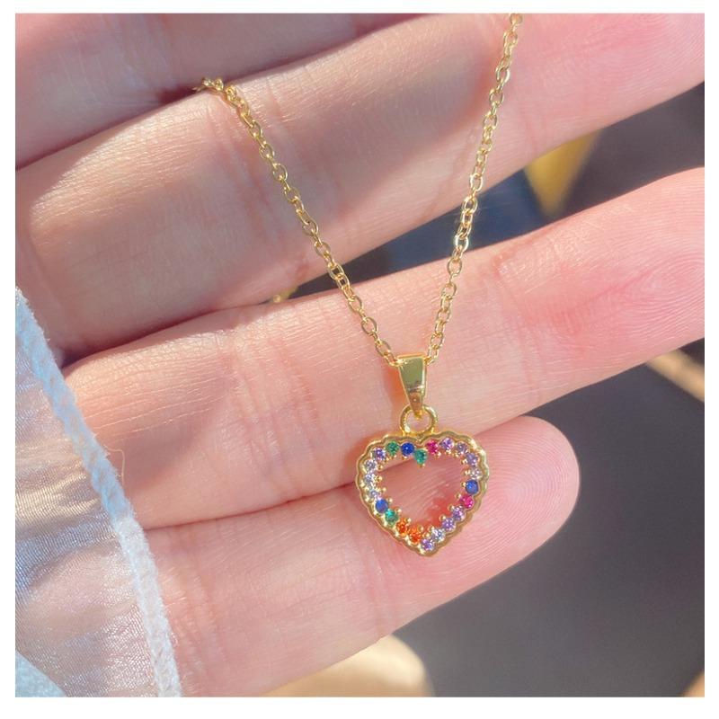 Women Colorful Full Zircon Heart Shaped Titanium Steel Clavicle Necklace