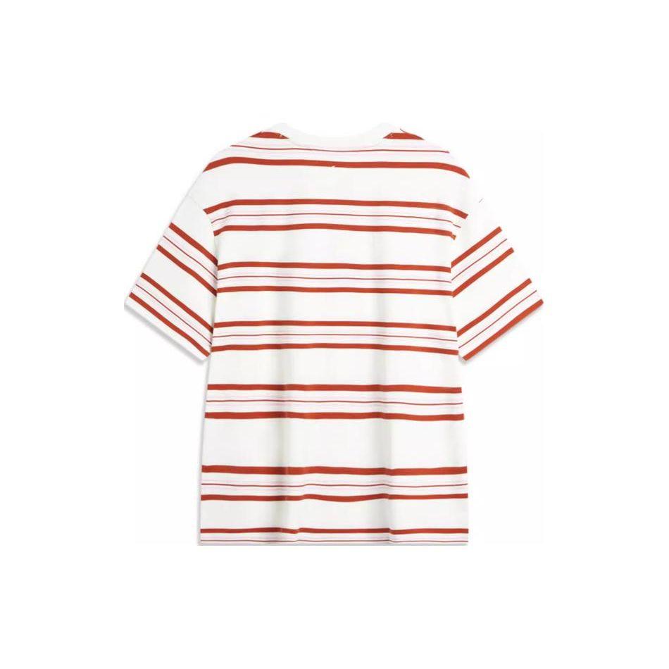 Li-Ning Weekend Youth Simple Versatile Striped Drop Shoulder Round Neck Cotton Short Sleeve T-Shirt Unisex Tops Off-White AHSU655-7