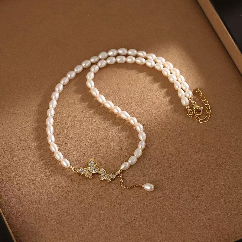 Sweet Natural Freshwater Pearl CZ Zircon Double Butterfly Pendant Necklaces for Women 14K Real Gold Plated Copper Chokers