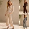 2026 Popular Cross-border Solid Color Elegant Women's Fashion Casual V-neck Slim-fitting Long-sleeved Top Wide-leg Pants Two-piece Set