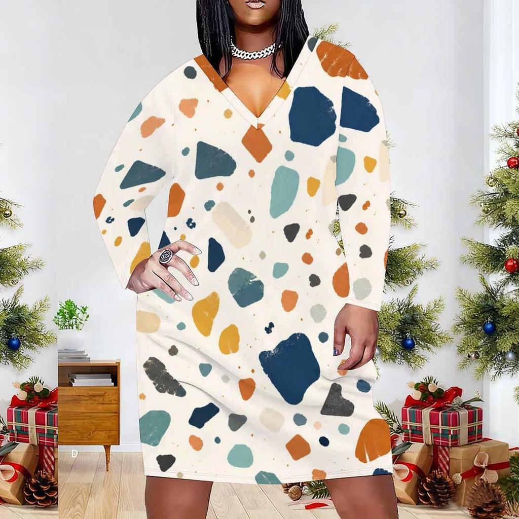 Women Plus Size V Neck Long Sleeve Printed Fitted Straight Hem Dress