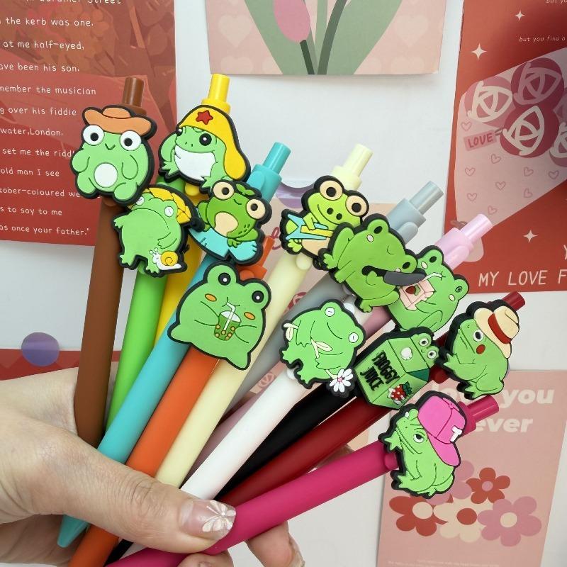 12Pcs Creative Simple Frog Family Theme Scalable Ballpoint Pen, Campus Design, Green Little Frog Series
