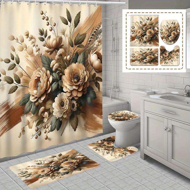 Water-Resistant Floral Shower Curtain Set With 12 Hooks, Non-Slip Bathroom Rugs, Toilet Seat Cover, Decorative Woven Polyester