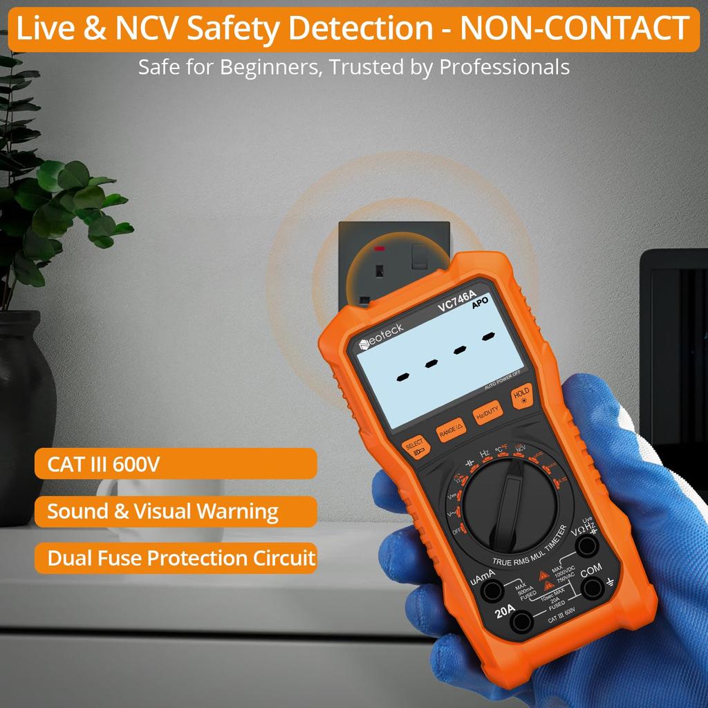 Neoteck 6000 Count TRMS Digital Multimeter Tester with AC/DC Voltage, AC/DC Current, Resistance, Capacitance, Frequency, Duty Cycle, Temperature, NCV