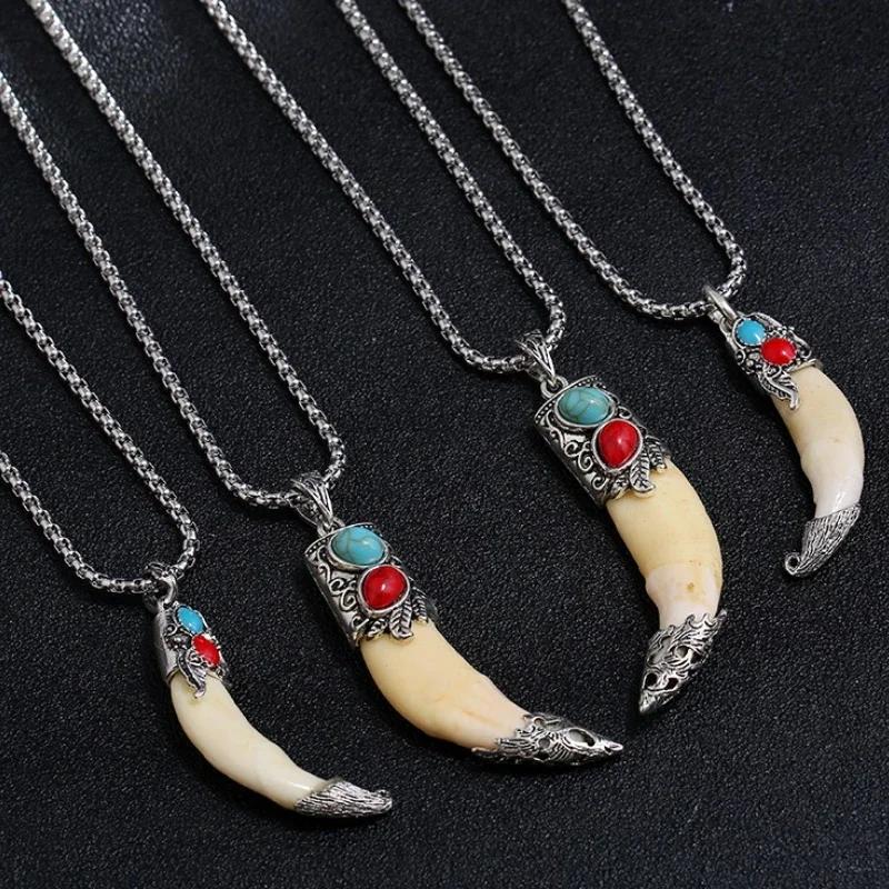 Vintage Creative Gifts Wolf Pendant Titanium Steel Necklace Teeth Set True Tibetan Mastiff Teeth Trendy Personality Jewelry