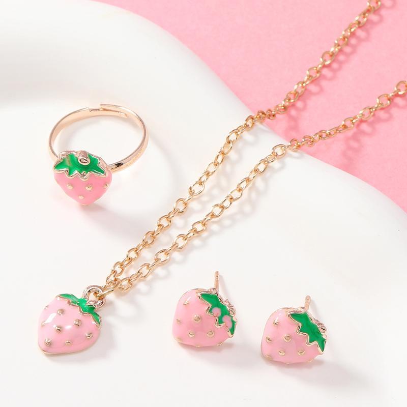 Kawaii Red Strawberry Enamel Jewelry Set 3Pcs Necklace Earrings Ring Hypoallergenic for Girls Party Wear Gifts