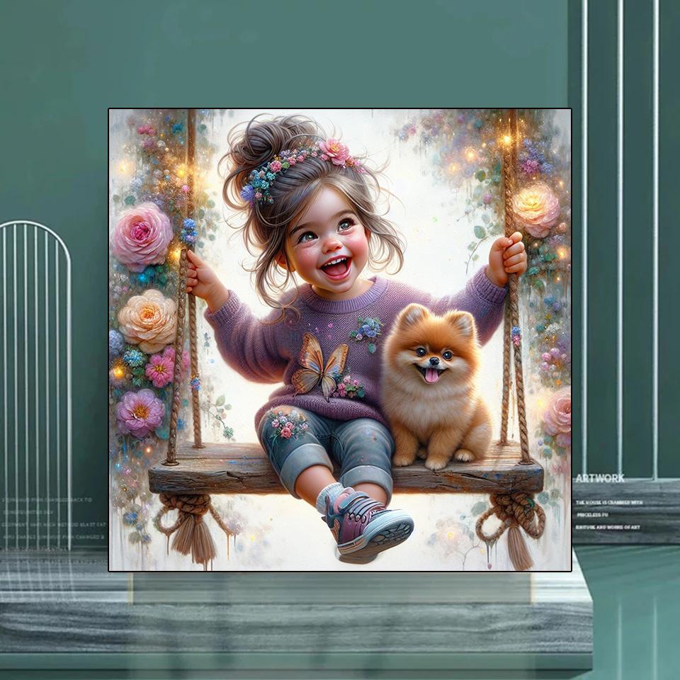 Diamond Cross Embroidery Painting Dream Cartoon Girl and Dog 5D DIY Diamond Embroidery Flower Mosaic Home Decoration Gift