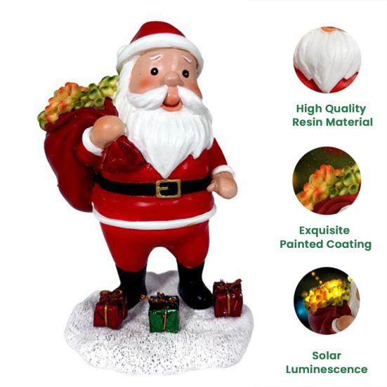 Yousheng Lighted Santa Claus Figurines Resin Santa Sculpture with Gift Bag on Back Solar Powered Light Up Christmas Statue for Indoor Outdoor Holiday