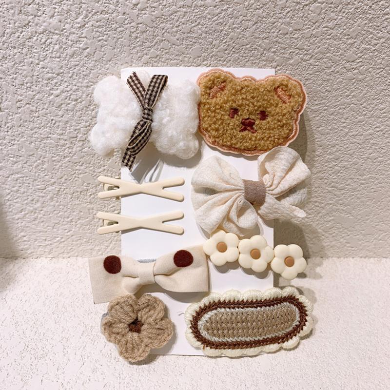 9Pcs/Set Korean Hair Clip Cute Plush Bear Knitting Hair Clips For Girls Bow Flower Hairpins Barrettes Kids Baby Hair Accessories