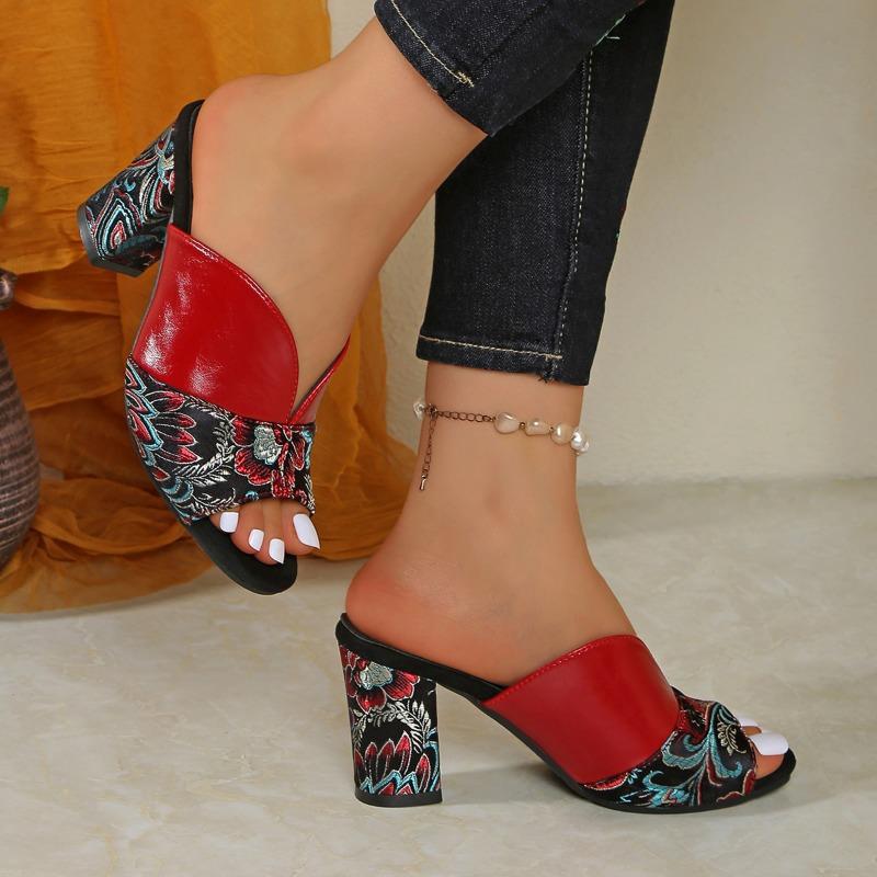 Women'S Floral High Heel Sandals - Red & Black Open-Toe Slip-On Platform Shoes with Thick Sole, Comfortable Fabric & Synthetic Cover for Casua