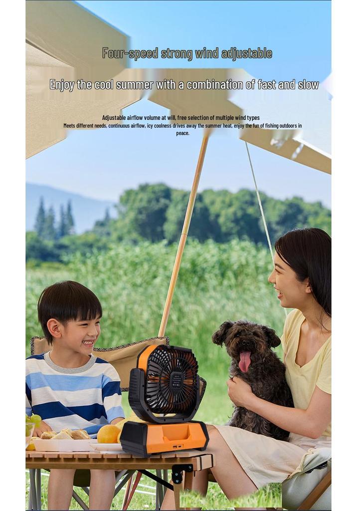 Portable Silent Camping Fan with Light & USB Charging - Large Capacity Outdoor & Fishing Oscillating Fan
