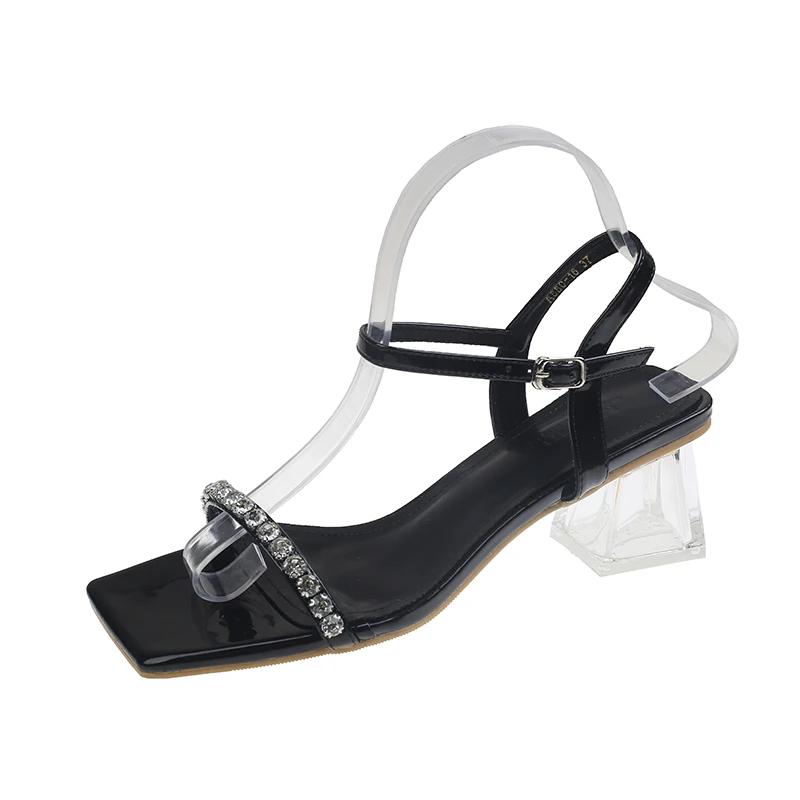 

Temperament Rhinestone Line с квадратной головкой, толстым каблуком и открытым носком, модные, все удобные, нескользящие сандалии для женщин 35 чёрный