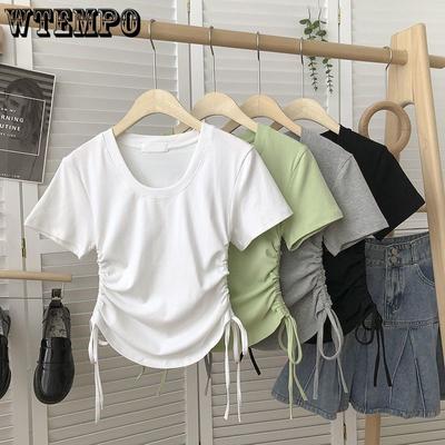 Fashion Slim Cotton Summer Tops Women's Skinny Niche with Design Sense Round Neck High Waist Drawstring Short T-shirts