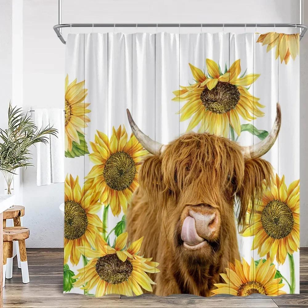 Kreskówkowy Zabawny Zwierzę Kąpielowe Zasłona Prysznicowa Nadruk Krowy Highland Ozdoby Łazienkowe Poliestrowa Zasłona Prysznicowa