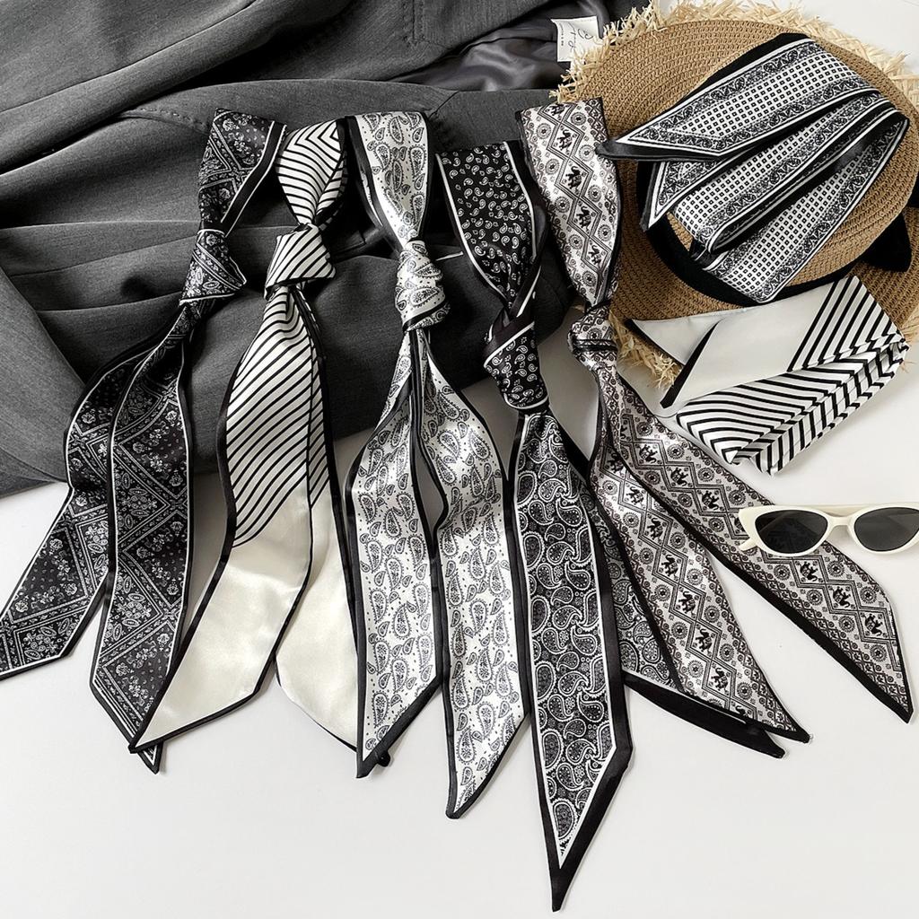 Bandeaux Longs 140x7cm Cravate Cheveux Fine Foulard Pour Femmes Foulard de Soie Satinée Bandeaux Imprimés Ruban Mignon Sac de Poignet Foulards