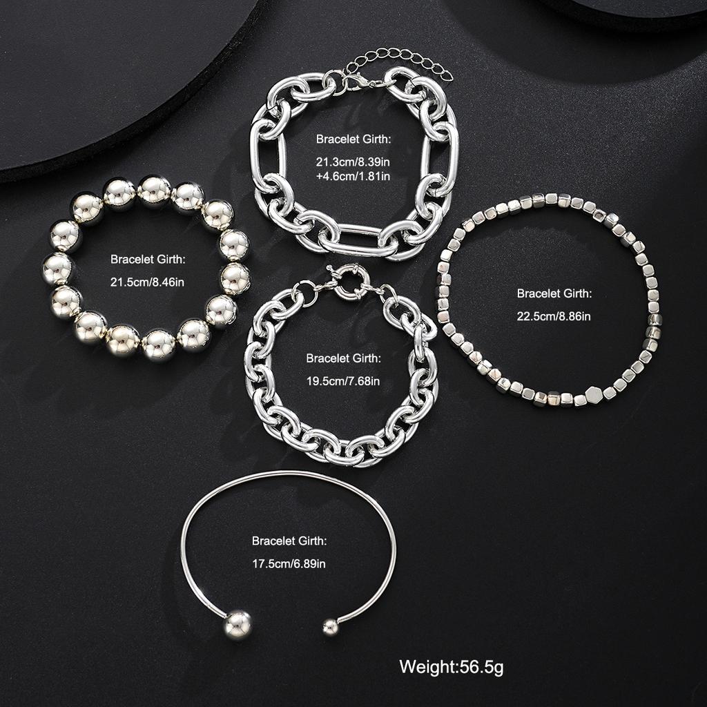 5pcs Simple Punk Silver Color Thick Beads Bracelet Set Vintage Exaggerated Luxury Geometric Design Bangles Vacation Date Jewelry