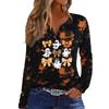 Women's Casual Halloween Print V-Neck Long Sleeve T-Shirt with Decorative Buttons