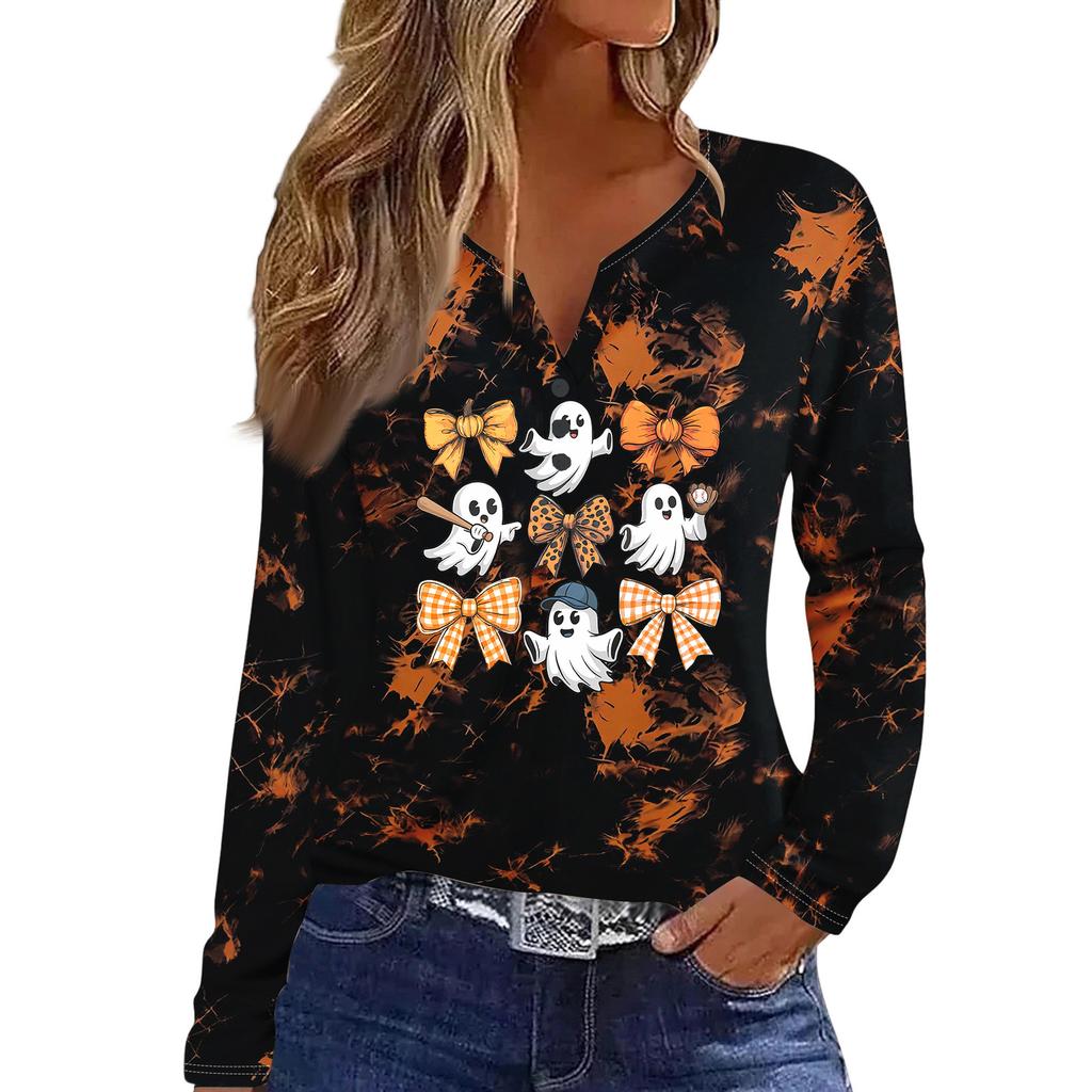 Women's Casual Halloween Print V-Neck Long Sleeve T-Shirt with Decorative Buttons