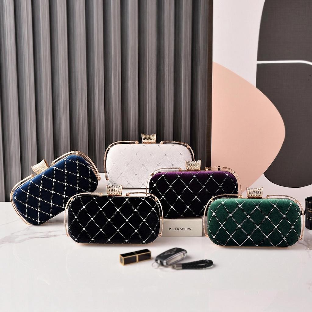 Women's Quilted Handbag Black Velvet Evening Party Bag Vintage Luxury Designer Diamond Clutch Crossbody Shoulder Wallet for Lady