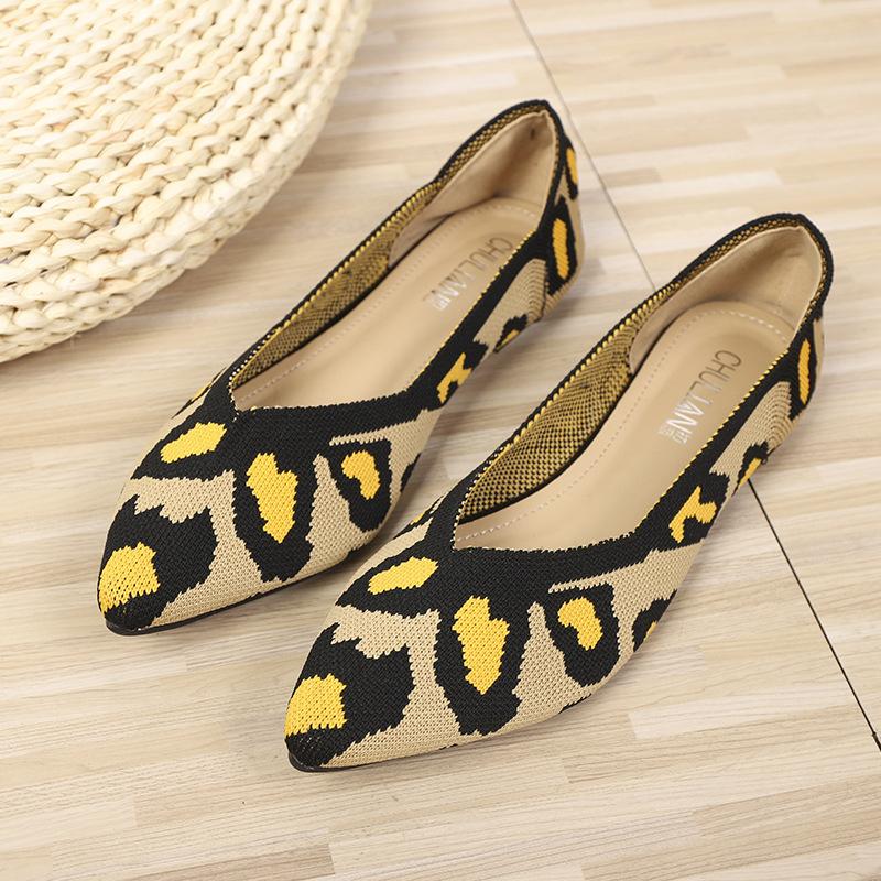 Shoes Pointed Fly-woven Shoes Flat-bottomed Breathable Woven Boat Shoes Leopard Print Light Mouth Stripe Color Single Shoes Women