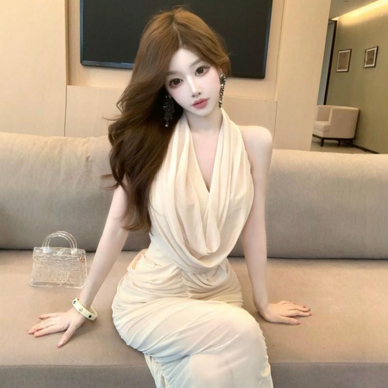 French Style Halter Neck Ruched Dress Women Sexy Slim Fit Midi Long Party