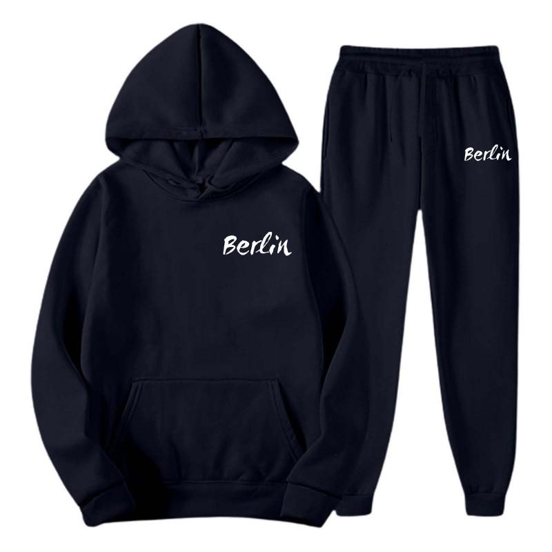 Mens Hooded Sweatshirt Set Loose Fit Printed Casual Tracksuit Fashion