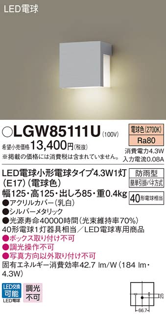 Panasonic LGW85111U Back Exit Light Directly Mounted On the Wall Light Bulb Type 40 Silver Metallic Light/Nameplate Color/Rainproof
