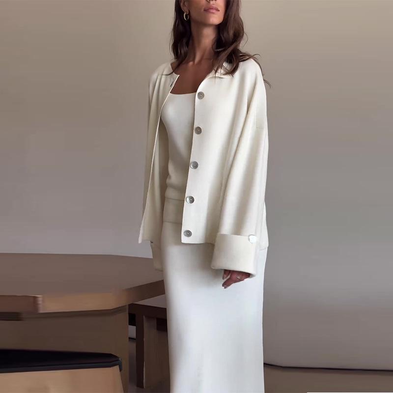 

Женский белый и розовый свободный кардиган на пуговицах в комплекте с майкой и длинной юбкой XXXL белый