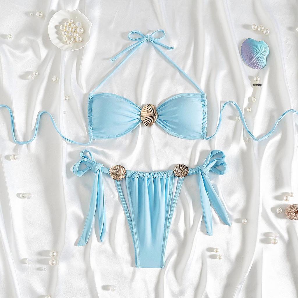 2025 New Metal Shell Solid Color Lace-up Sexy Cute Party Bikini