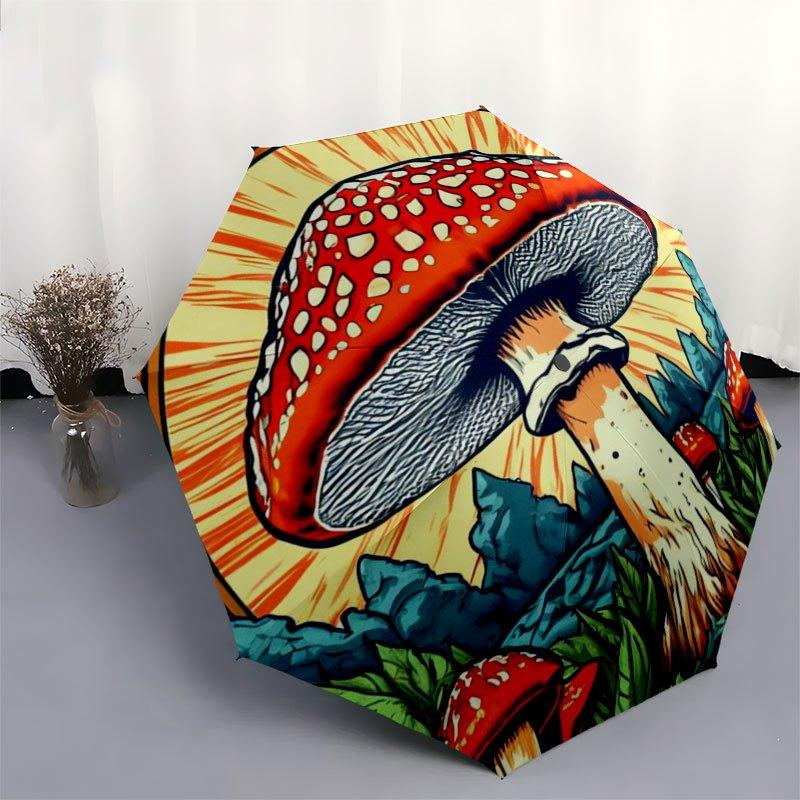 Psychedelic Mushroom Forest StickerUmbrella with Cute Design,Portable 3-Fold Compact Umbrella for Men&Women,Valentine's Day Mother's Day Hal