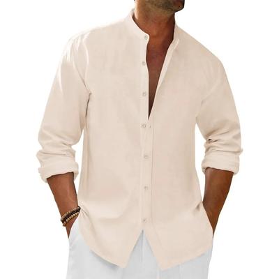 Herren Frühling Sommer Baumwolle Leinen Henley-Ausschnitt Hemd Einfarbig Leicht Strandstil Urlaub Langarmhemd