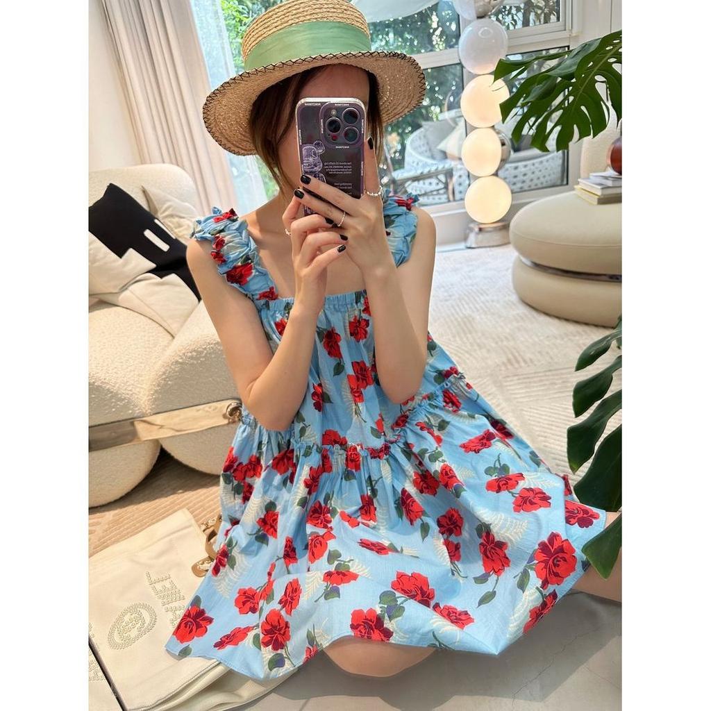 Retro Fungus Edge Floral Dress Suspender Dress Women's Summer Loose and Thin Seaside Vacation Wind Sweet Short Skirt