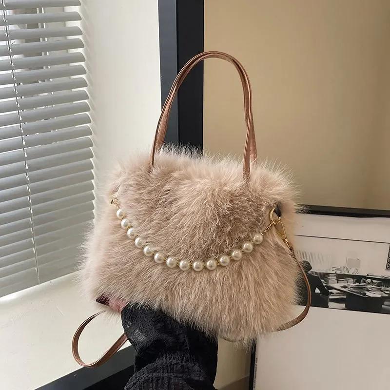 Winter Soft Faux Fur Shoulder Bags for Women Simple Pearl Chain Ladies Plush Crossbody Bags Solid Color Female Handbags Purse