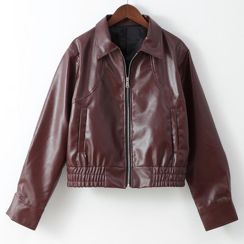 

Свободная куртка из искусственной кожи, пальто для женщин, осень-зима, длинный рукав, лацкан, винно-красные пальто, винтажная мода, куртки-бомберы для поездок на работу S вино красного