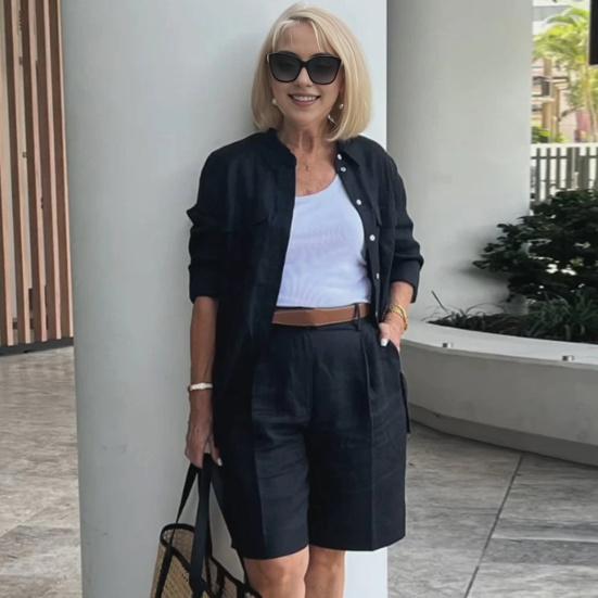 2 Pcs/Set Women Shirt Shorts Set Solid Color Long Sleeves Lapel Blouse